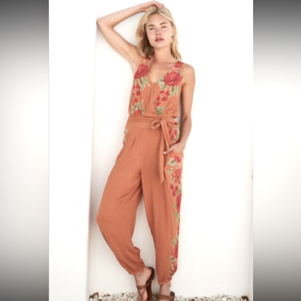 Free People Floral Jumpsuit in Rust and Red